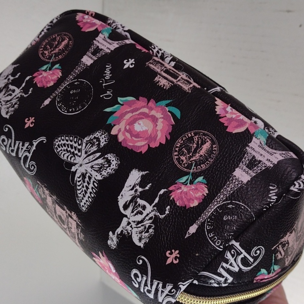 Emma & Chloe Black & Pink Floral & Paris Themed Women's Make-up Bag NWT - Picture 6 of 13